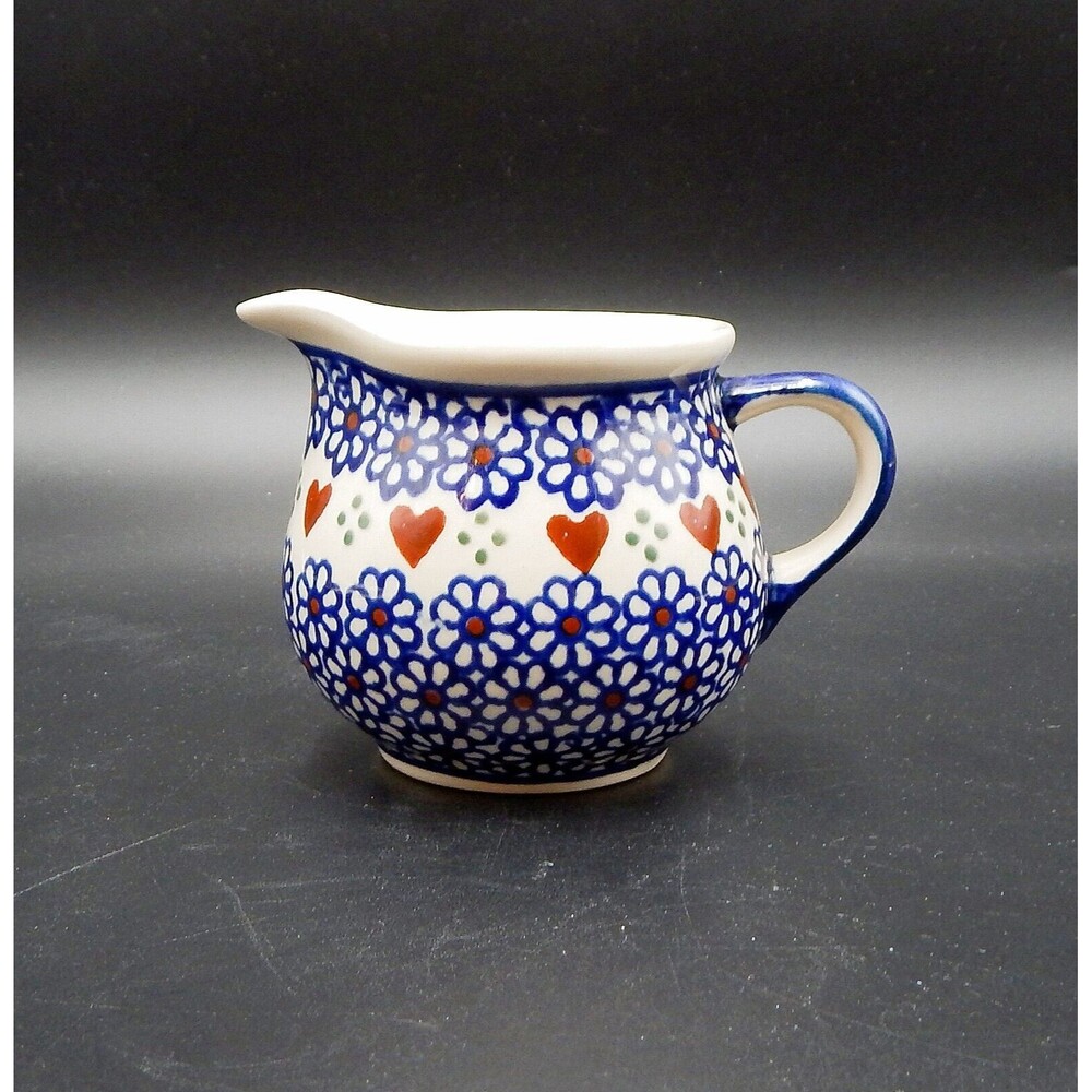 Boleslawiec Polish Pottery Creamer Hearts Daisies Handmade Flowers Red Blue